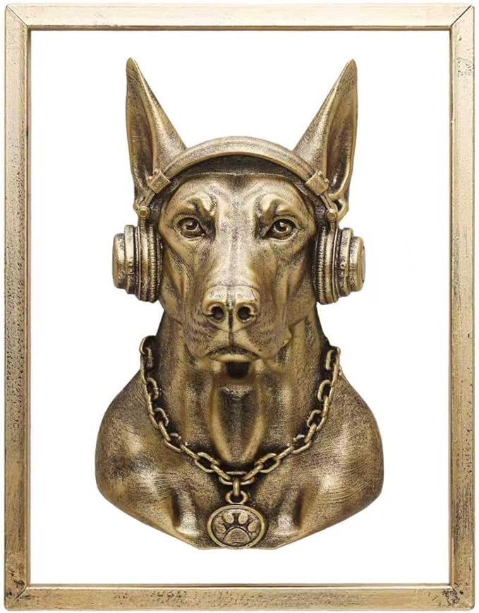 JJALIGHTS Animal Heads Wall Decor Doberman Resin Animals Sculptures Dobie Head Wall Hanging Decoration Imitation Copper vintage Wall Sculpture for Living Room Bedroom Office