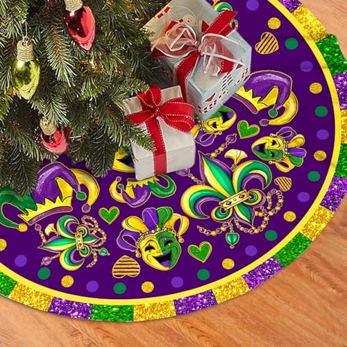Mardi Gras Christmas Tree Skirt 36 Inch Carnival Party Xmas Ornament for Home Party Holiday Masquerade Decoration - Image 2