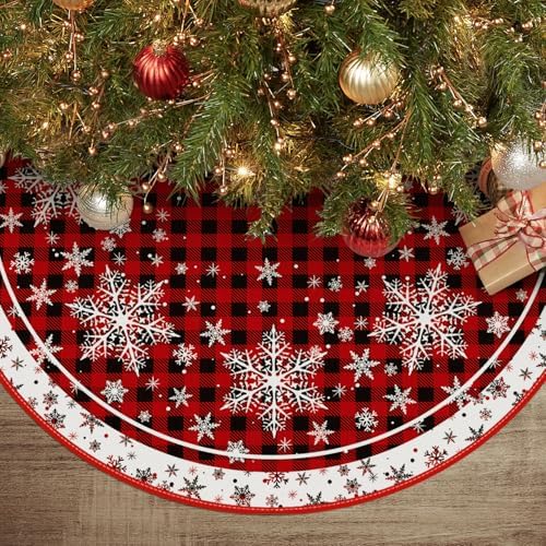 AVOIN colorlife Buffalo Plaid Snowflake Christmas Tree Skirt 48 Inch, Winter Holiday Tree Mat Decoration by AVOINcolorlife