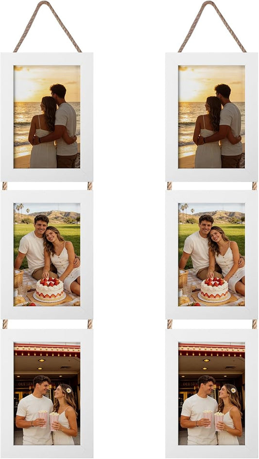 Lavezee 4x6 White Hanging Collage Picture Frames Set of 2, 6 Opening Vertical Frame Made to Display 4 by 6 Inch Photo for Wall Decor, Gifts for Valentine's Day Wedding Birthday Mother's Day