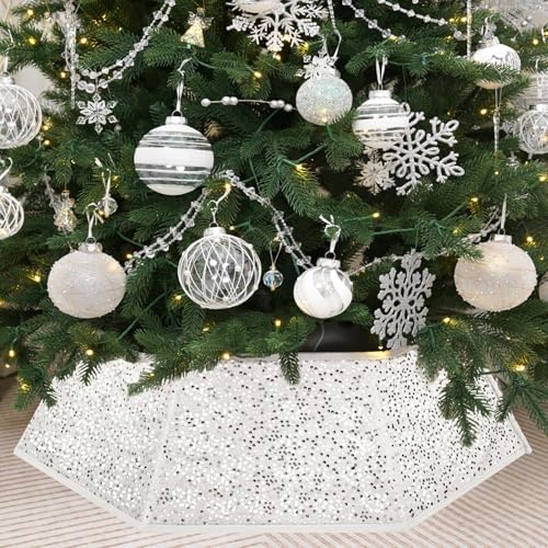 Christmas Tree Collar with Sparkling Sequin Tree Skirt for Holiday Home Decor Xmas Tree Ring(White, X-Large) by SunshineDecor
