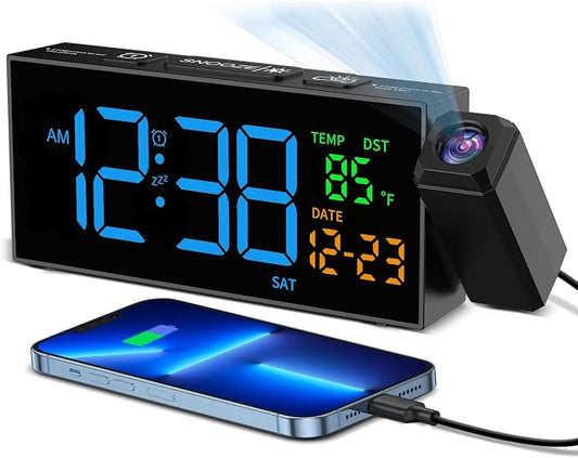 Netzu Projection Clock for Bedroom Ceiling, Digital Clocks with 180° Rotatable Projector, Date Temperature and Weekday Blue by Netzu