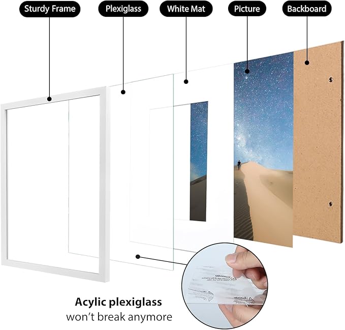 KINLINK 12x16 Picture Frame White, Wooden 16x12 Photo Frames with Plexiglass for 11x14 Picture with Mat or 12x16 Without Mat, Perfect for Art Wall Gallery and Tabletop Display 12 x 16 frame Set of 6