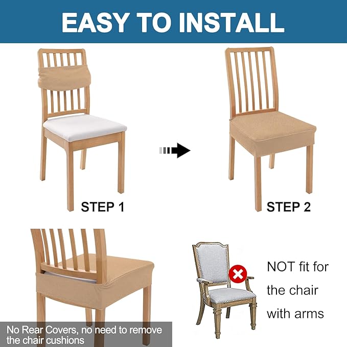 Smiry Waterproof Seat Covers for Dining Room Chairs Set of 6, Stretch Jacquard Removable Washable Chair Seat Slipcovers Protector, No Rear Covers, Camel