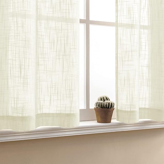 XTMYI Cream Cafe Curtains for Kitchen, Linen Textured Sheer Tier Half Curtains for Small Windows, 30 Inch Length