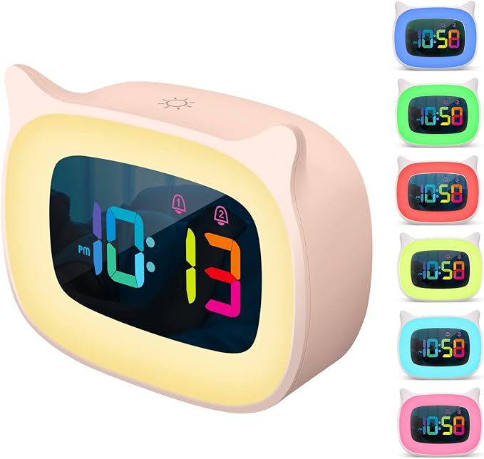 Cute Cat Ear Alarm Clock with RGB 7 Color Night Light,Pink by SMOUPING%C2%AE