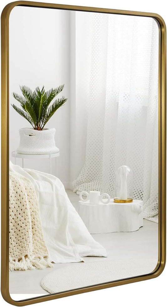 ANDY STAR 28x36 INCH Gold Mirror Bathroom, Brushed Gold Mirrors for Wall in Anti-Rust SUS304 Tube Metal Frame, Rounded Rectangle Mirrors 1’’ Deep Wall Mounted Vertically/Horizontal for Bathroom
