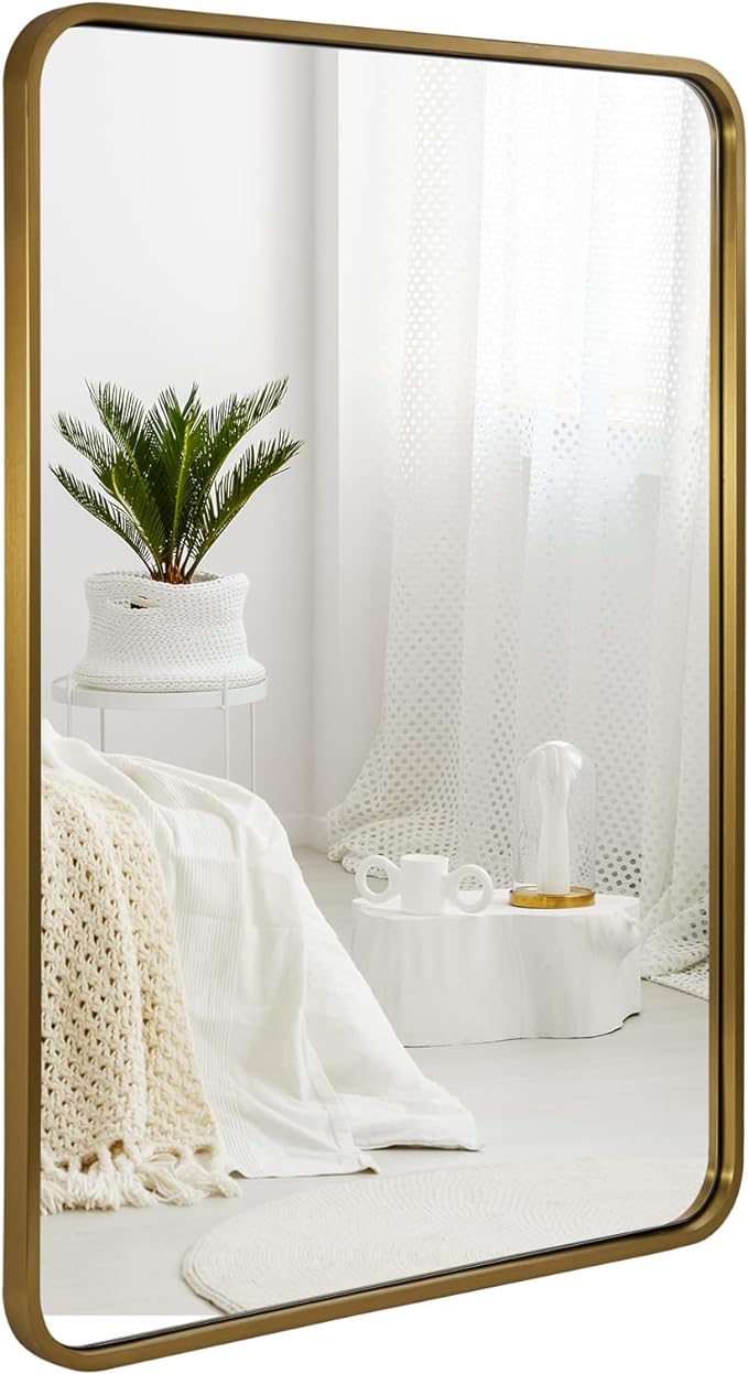 ANDY STAR 24x32 INCH Gold Bathroom Mirror, Brushed Brass Mirror, Rounded Rectangle Mirrors, Anti-Rust SUS304, Tube Metal Framed, 1’’ Deep Wall Mounted Vertically/Horizontal