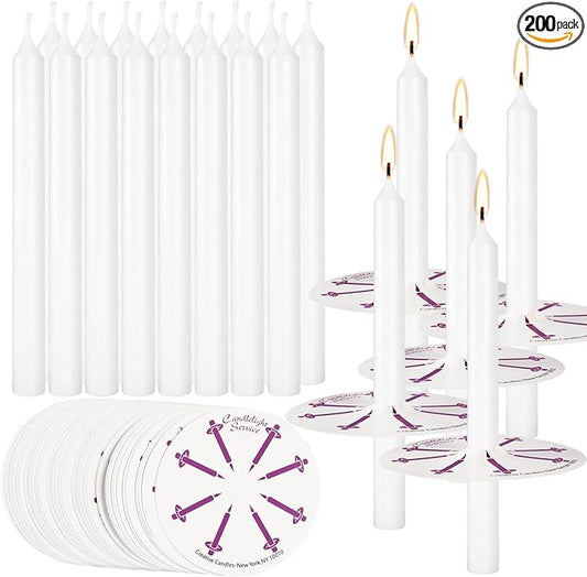 200 White Church Candles with Drip Protectors - 5-Inch Unscented Devotional Candles for Candlelight Vigil & Prayer Services, No Smoke Clean Burning Taper Candles in Bulk