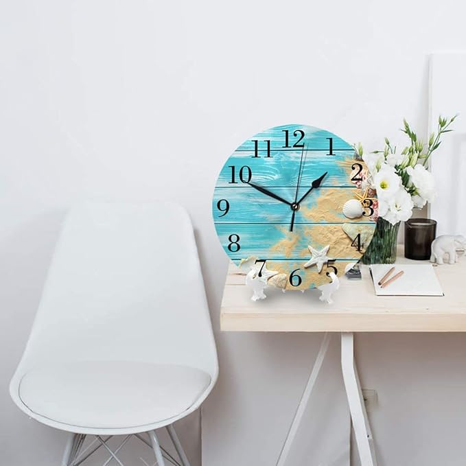Sea Shells Wood Board Background Wall Clock Battery Operated Silent Ocean Theme Round Clock Wall Decor for Home, Office, School 9.8 Inch