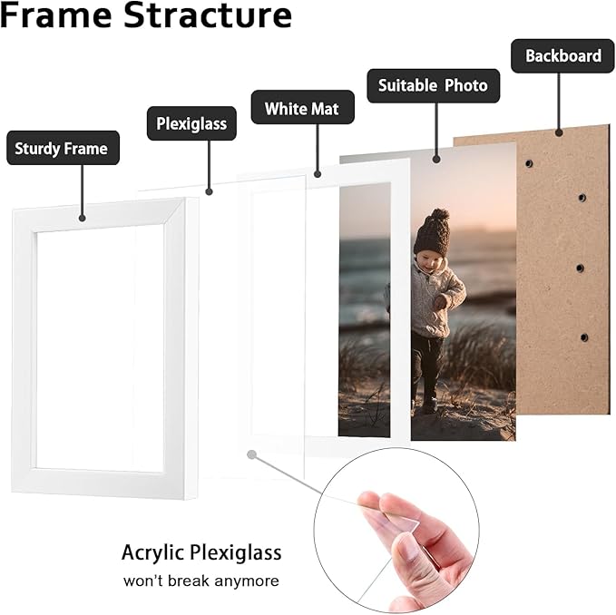 KINLINK 8x10 Picture Frame White Set of 6, Wooden Photo Frames Matted 5x7 with Plexiglass for 5x7 with Mat or 8x10 without Mat for Table and Wall Display