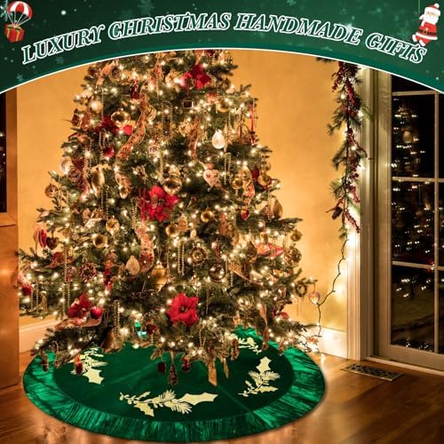 48 Inches Velvet Christmas Tree Skirt Decorations Green Luxury Xmas Fur Plush Skirts with Gold Embroidered Holly for Merry Christmas Party Rustic Vintage Holiday Home Winter - Image 5