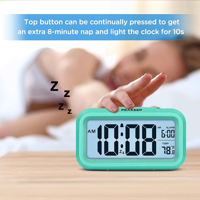 Peakeep Night Light Digital Alarm Clock Battery Operated Indoor Temperature | Small Cordless Cute Clock for Bedroom Desk Travel, Simple to Use for Teens Kids (Mint) - Image 3