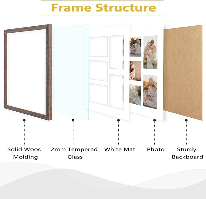 Golden State Art, 11x14 Distressed Brown Wooden Frame with White Mat - Displays Five 4x6 Photos - Tempered Glass - Wall Mounting, Portrait, Set of 2