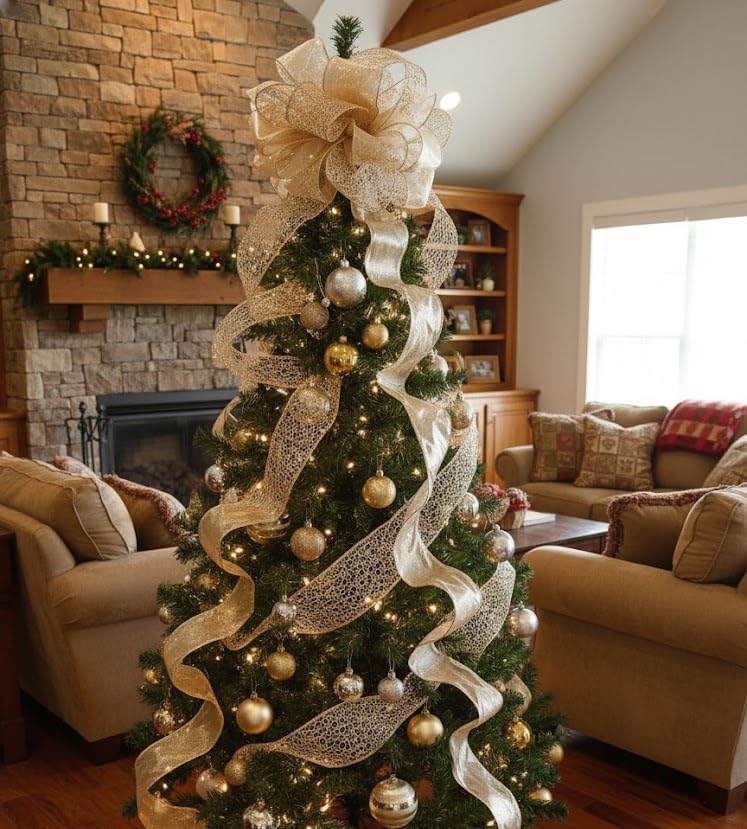 Christmas Tree Topper Bow - Bow: 11" sq. - Tails: 3 Yards Long Each - Champagne Snowflake - Image 4