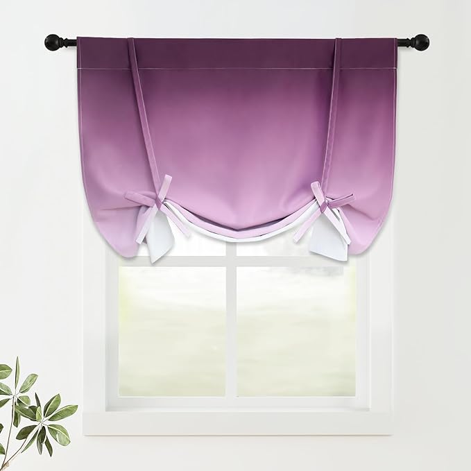 COSVIYA 100% Blackout Ombre Purple Adjustable Tie Up Curtains for Kitchen Thermal Insulated Room Darkening Valance Rod Pocket Balloon Roman Shade for Small Window,48" L x 34" W, 1 Panel