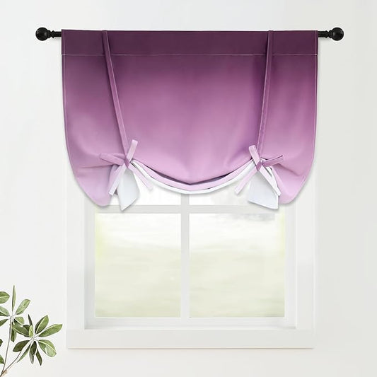 COSVIYA 100% Blackout Ombre Purple Adjustable Tie Up Curtains for Kitchen Thermal Insulated Room Darkening Valance Rod Pocket Balloon Roman Shade for Small Window,48" L x 34" W, 1 Panel