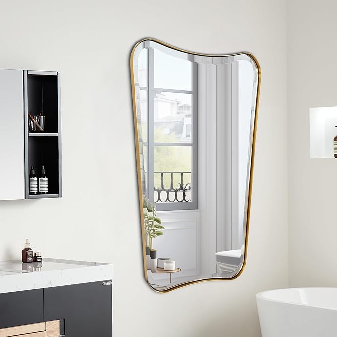 POZINO Brushed Gold Beveled Mirrors, 24"x40" Bathroom Vanity Mirror for Over Sink, Butterfly Shaped Mirrors Decorative, Modern Rectangle Aesthetic Wall Mirror for Living Room Bedroom Hallway Entryway