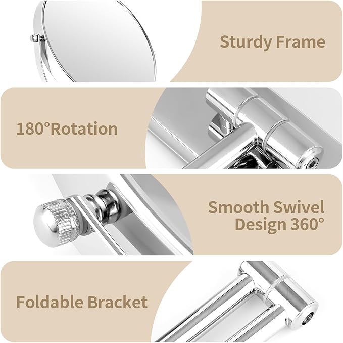 BTremary 8” Wall Mounted Magnifying Makeup Mirror 1X/7X Wall Mount Mirror Swing Arm Two-Sided 360° Swivel Bathroom Shaving Mirror for Men and Women in Hotel/Home, Chrome