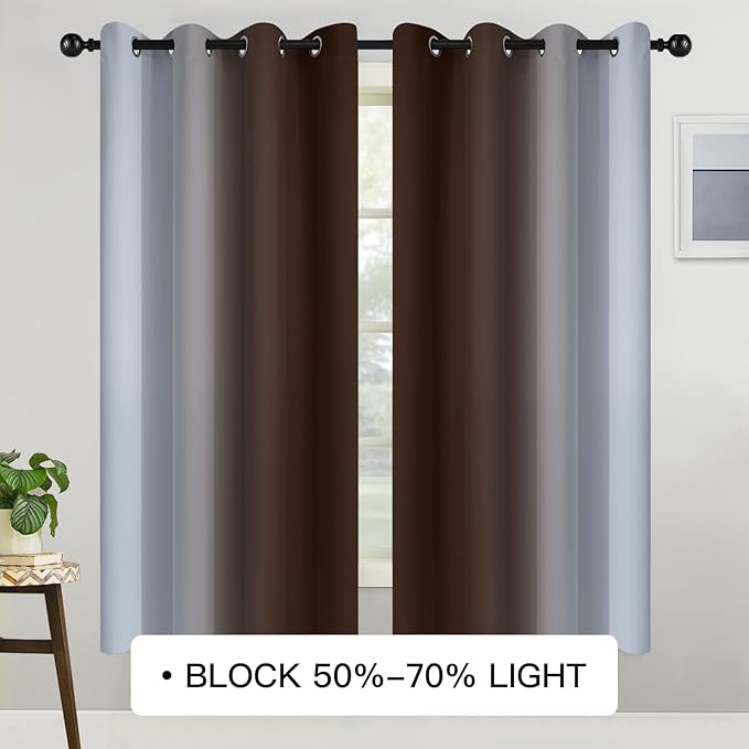 COSVIYA Grommet Ombre Room Darkening Curtains 63 inch Length, Brown and Greyish White Gradient Drapes Light Blocking Insulated Thermal Window Curtains for Bedroom/Living Room,2 Panels,52x63 inches