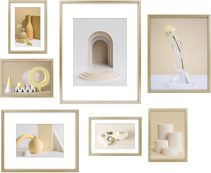 Frametory, Aluminum Picture Frames Set of 7 - Gold Gallery Wall Kit - Displays One 11x14, Two 8x10, and Four 5x7 inch Photos for Home Decoration