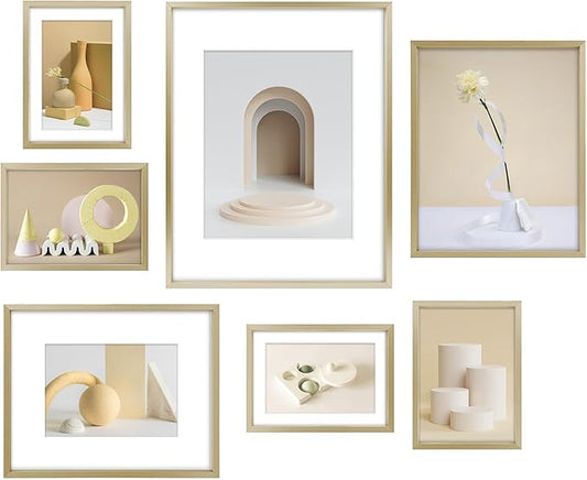 Frametory, Aluminum Picture Frames Set of 7 - Gold Gallery Wall Kit - Displays One 11x14, Two 8x10, and Four 5x7 inch Photos for Home Decoration
