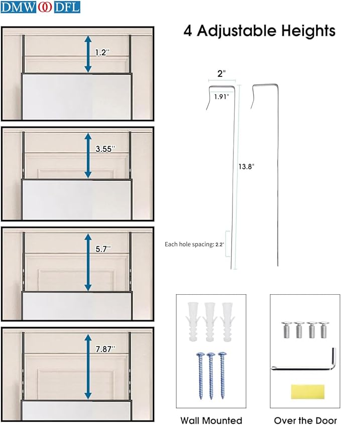DMWOODFL 48"x14" Over-The-Door Full Length Mirror - No Drill Hanging with Metal Hooks, Shatterproof Glass & Aluminum Frame for Bathroom, Bedroom, Entryway Decor（Silver White）