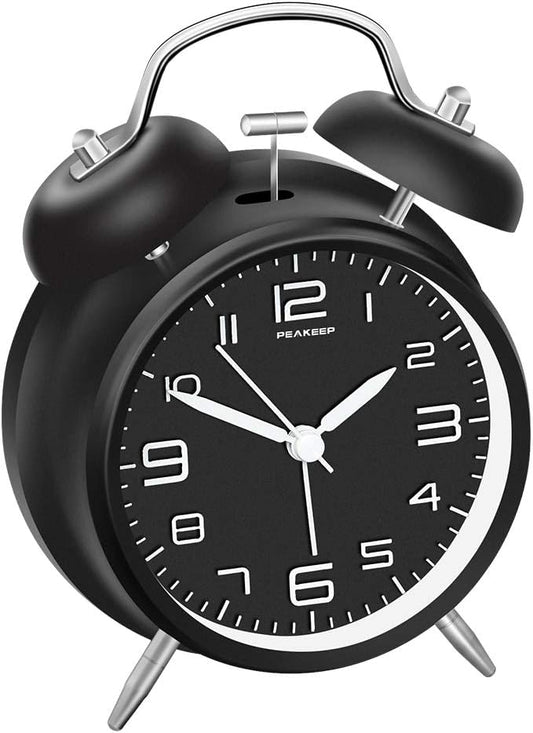 Peakeep 4 Inches Twin Bell Loud Alarm Clock for Heavy Sleepers | Backlight, Battery Operated Old Fashioned Alarm Clock for Bedrooms Kids' Room (3D-Dial, Black) by PEAKEEP