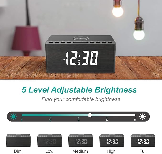 ANJANK Wooden Digital Alarm Clock FM Radio,10W Qi Certified Fast Wireless Charging Station for iPhone/Samsung Galaxy,5 Level Dimmer,USB Charger,9 Wake up Sounds, Bedroom, Bedside, Desk, Nightstand