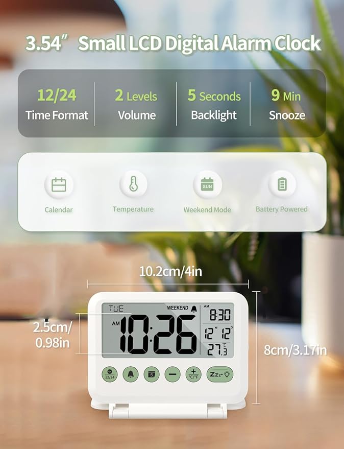 Digital Travel Alarm Clock - 3.54 inch LCD Display, 9-Minute Snooze, 2 Volume Levels, Backlight, Battery Included (White)