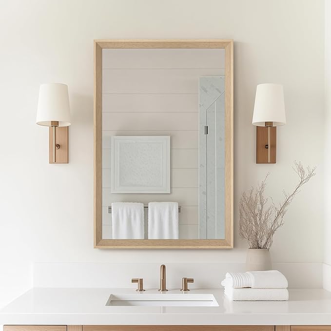Oak Wood Effect Framed Wall Mirror, 20x30 Rectangle Mirror, Anti-desilvering Tempered Glass, Sustainable& Sturdy Frame, Farmhouse Mirror, Anti-Rust, 3min Fast Setup for Bathroom Living Room