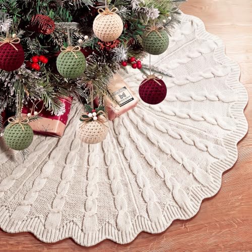 Thenshop 48 Inch Chunky Cable Knit Christmas Tree Skirt Beige by Thenshop