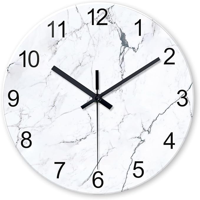 White Marble Glass Wall Clocks Battery Operated 12 Inch Abstract Decorative Analog Wall Clocks for Living Room Bedroom Office Silent Wall Clock Modern