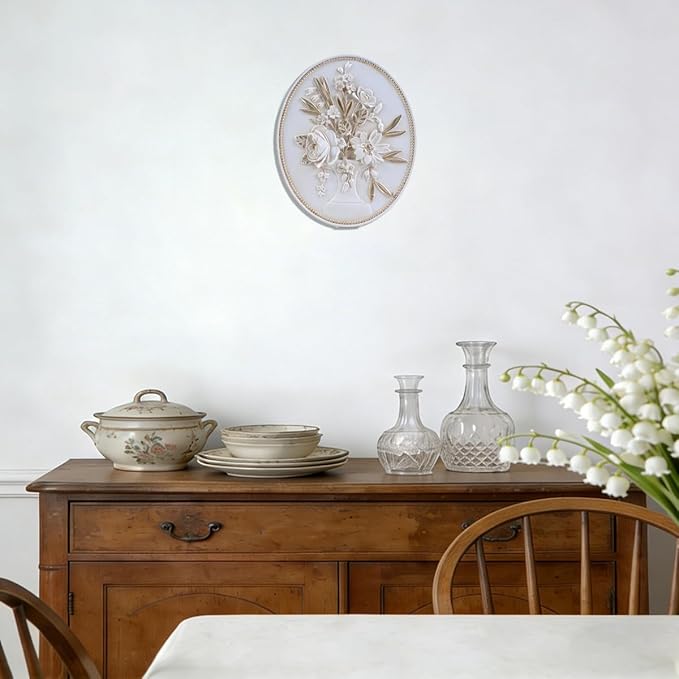 SIKOO Vintage Wall Sculptures White Flower Wall Art Hand Painted Ornate Wall Hanging Decoration Antique Pediment Wall Statue Ornament Decor Gallery for Kitchen Bedroom Living Room