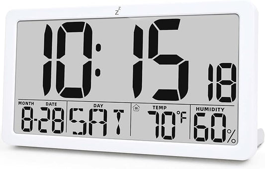 TXL Large Display Digital Wall Clock, Battery Operated with Temperature & Humidity, Auto DST, Date & Weekday, Easy Set Alarm, for Living Room, Bedroom, Office & Classroom (White)