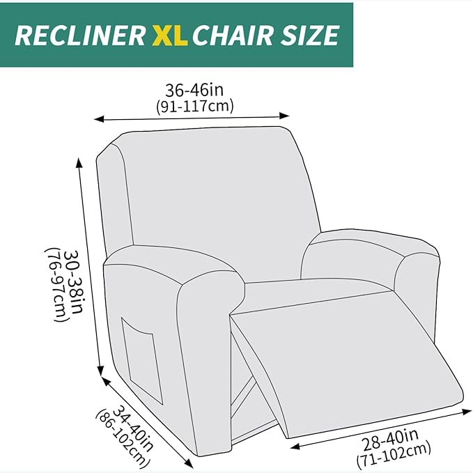 YEMYHOM 4 Pieces Oversized Stretch Recliner Slipcover Latest Jacquard Large Recliner Chair Cover with Side Pocket Anti-Slip Fitted Furniture Protector with Elastic Bottom (X-Large Recliner, Khaki)