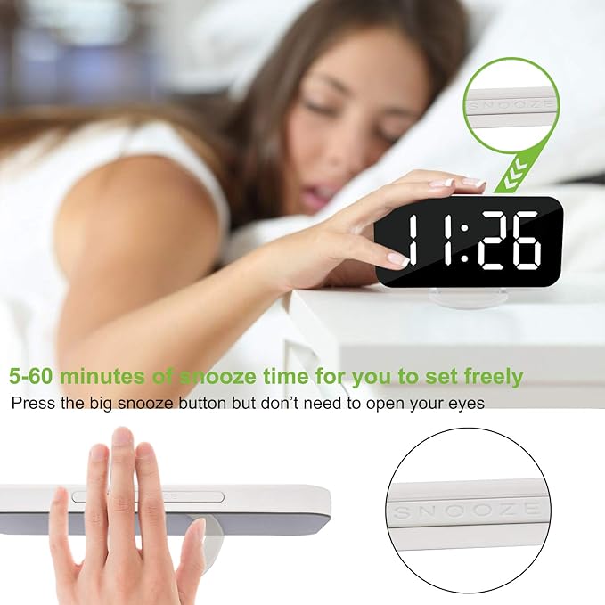 SZELAM Digital Clock Large Display, LED Electric Alarm Clocks Mirror Surface for Makeup with Diming Mode, 3 Levels Brightness, Dual USB Ports Modern Decoration for Home Bedroom Decor-White (001) - Image 6