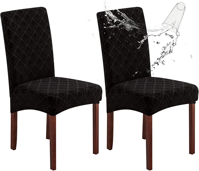 Genina Waterproof Chair Covers for Dining Room, Stretch Jacquard Dining Chair Slipcovers Removable Washable Chair Protector for Kitchen, Hotel, Restaurant (Jacquard-Black, 2 PCS)