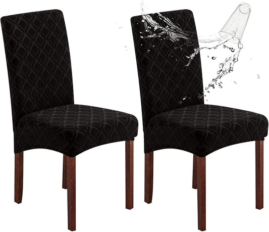 Genina Waterproof Chair Covers for Dining Room, Stretch Jacquard Dining Chair Slipcovers Removable Washable Chair Protector for Kitchen, Hotel, Restaurant (Jacquard-Black, 2 PCS)