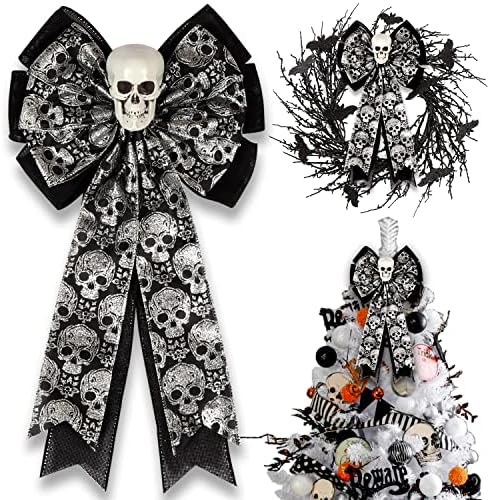 Skull Gothic Decor,Halloween Bows for Wreaths Decorations, Halloween Tree Topper Bow, Decorative Bow with Skull Glitter Silver Black Burlap for Fall Home Front Door Outdoor by brand