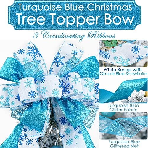 MEEDEE Blue Christmas Tree Topper 12" Wide Glitter Christmas Bows Snowflake Ribbon Bow Blue Tree Topper Bows for Christmas Tree Decorations (1 Pack) - Image 2