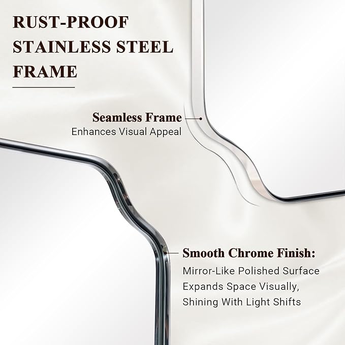ANDY STAR Chrome Scalloped Mirror, 26x38 Inch Polished Chrome Rectangle Mirror, Unique Bathroom Mirror with Scalloped Edge Design, Rust-Proof Stainless Steel 1’’ Frame, Home Decor