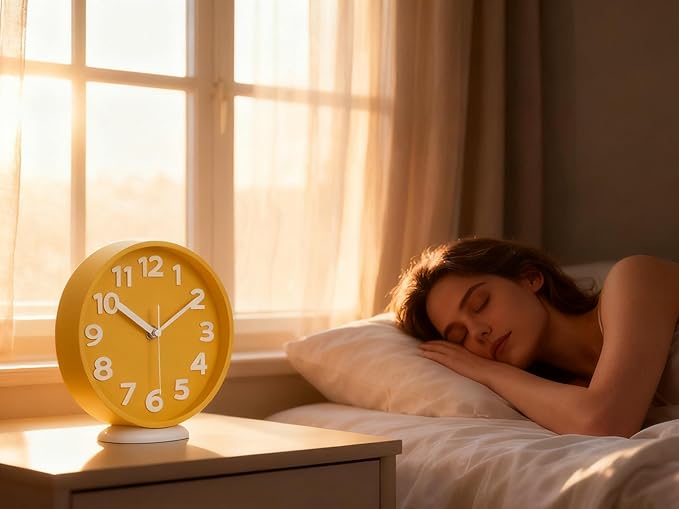 45MinST 8-Inch Yellow Modern Wall Clock ?€? Silent Non-Ticking, 3D Large Numbers, Accurate Timekeeping | Decorative Wall & Desk Clock with Stand for Living Room, Bedroom, Kitchen, or Office