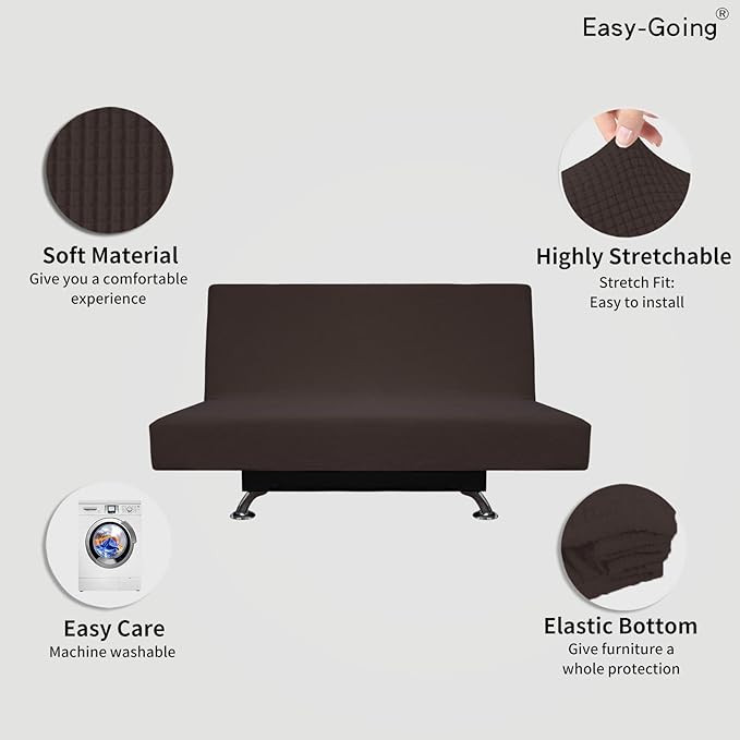 Easy-Going Stretch Futon Slipcover Armless Futon Bed Cover Furniture Protector Without Armrests with Elastic Bottom for Kids, Soft Jacquard Fabric Small Checks (Medium, Chocolate)