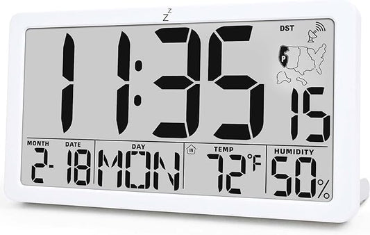 TXL Atomic Digital Wall Clock, Battery Operated with Temperature & Humidity, Auto DST, Date & Weekday, Easy Set Alarm, for Living Room, Bedroom, Office & Classroom (White)