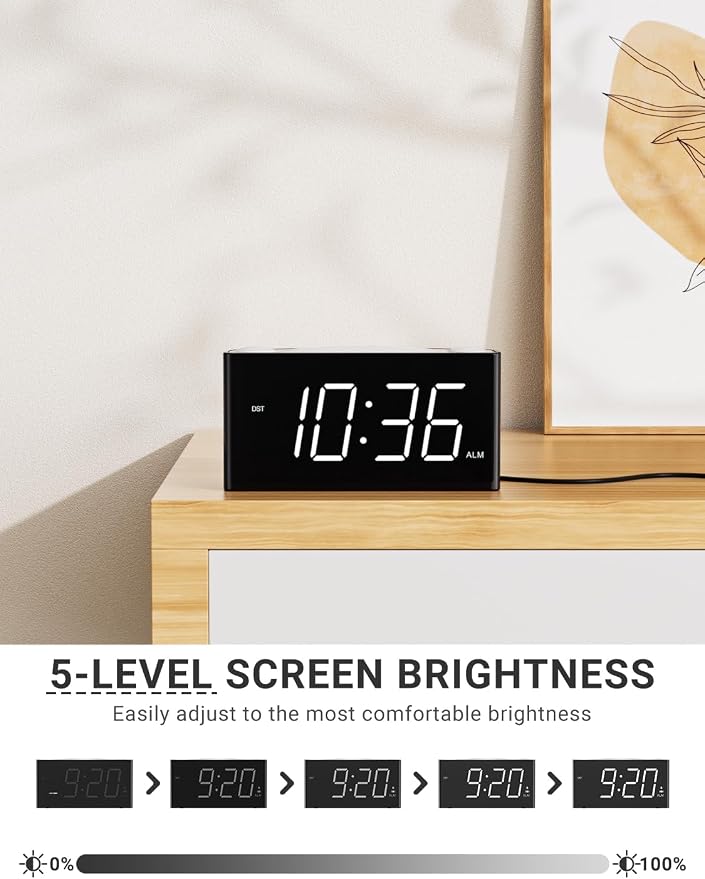 Vibrating Alarm Clock for Heavy Sleepers – Loud Alarm with Bed Shaker, 3 Wake Modes, Large 7.5” Display, 5-Level Dimmer, USB & Type-C Charging, Plug-in with Battery Backup for Bedroom, Teens & Deaf - Image 4