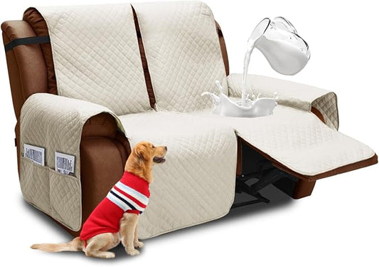 XINEAGE Water Resistant Recliner Cover, 2 Seat Loveseat Covers with Pockets, Quilted Thick Protector Cover for Dog Pets with Non Slip Backing and Strap (Beige)