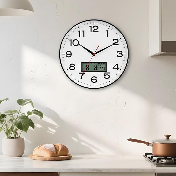 AKCISOT Wall Clock 12 Inch, Non-Ticking Silent Battery Operated Analog with LCD Display for Perpetual Calendar and Temperature, Ideal Modern Decor for Home, Bedroom, Kitchen, Office (Black)