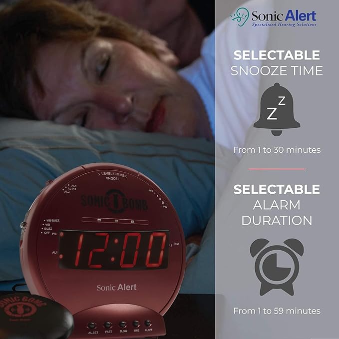 Sonic Alert Sonic Bomb Dual Alarm Clock with Bed Shaker, Red Vibrating Alarm Clock Heavy Sleepers, Battery Backup | Wake with a Shake - Image 6