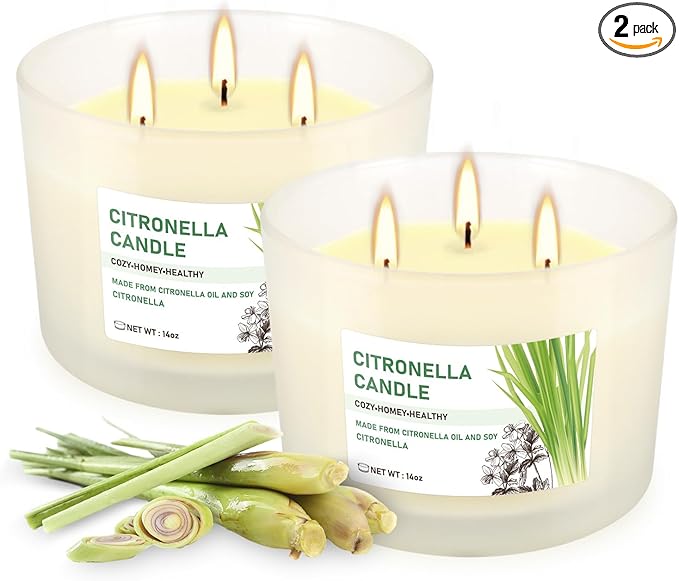 Citronella Candle Set of 2, 14oz Frosted Jar Triple-Wick, Clean & Smokeless for Outdoor Patio, Garden, Deck, Porch Ambiance with Natural Citronella Scent